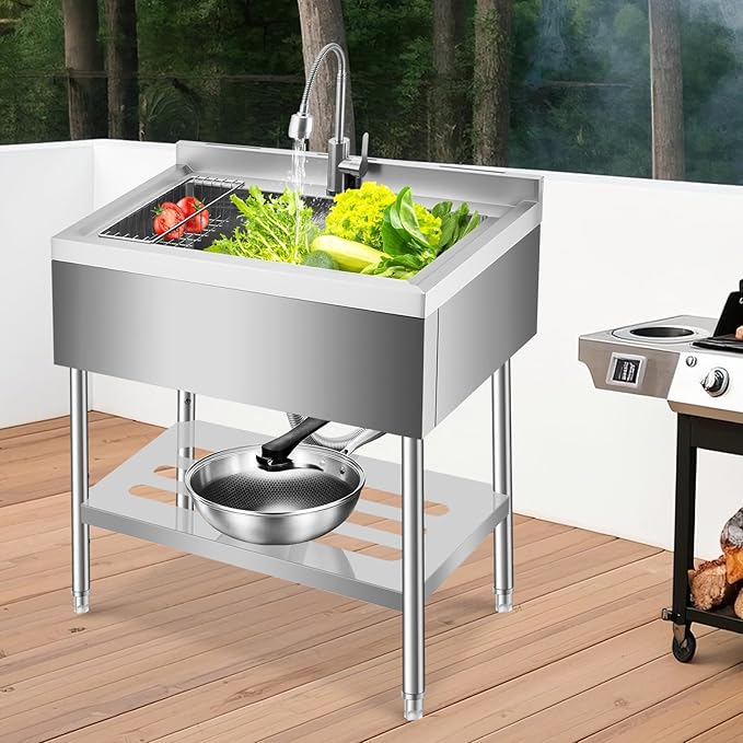 Stainless Steel Utility Sink, 35 Inch Freestanding Commercial Sink, Adjustable Leg with Hot and Cold Water Faucet, Hoses and Drain Kit, Large Laundry Tub for Kitchen, Garage, Bathroom, Outdoor Use