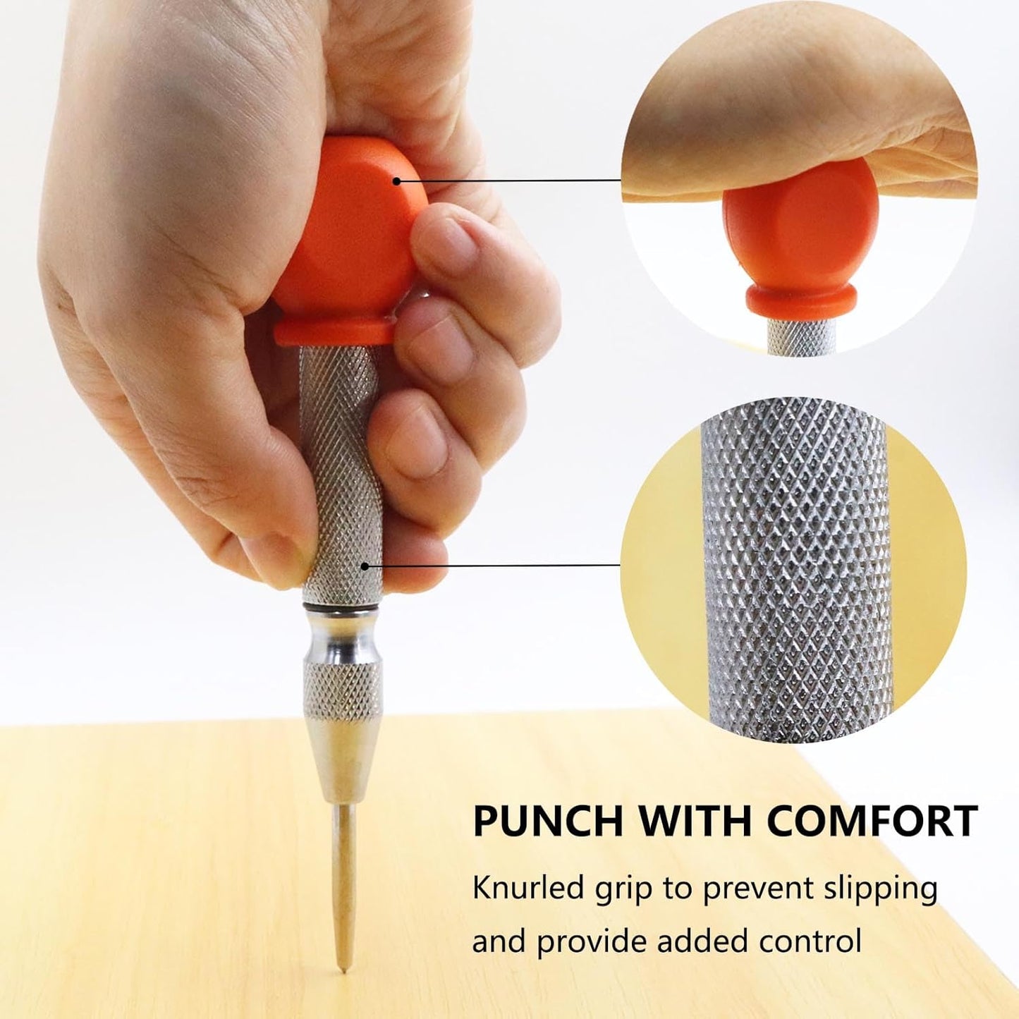 2-Pieces Automatic Center Punch, 5 Inch Adjustable Impact Hole Punch Metal Punch, Spring Loaded Center Punch Tool with Palm Cushion Cap for Wood Metal Leather