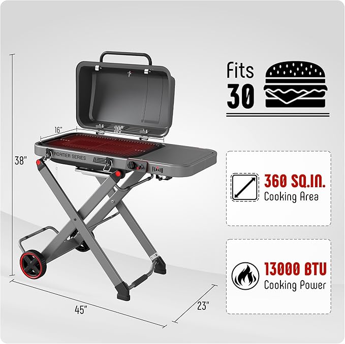 Portable Propane Gas Grill with Folding Cart & 13000 BTUs Burner, 360 Sq. In. Cast Iron Cooking Grates, Side Table, 8" Wheels, Stainless Grease Tray for Outdoor BBQ, Camping & Tailgating, Grey