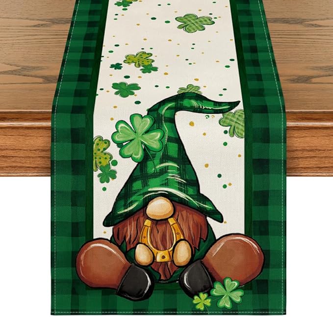 Artoid Mode Shamrock Buffalo Plaid Gnomes Lucky St. Patrick's Day Table Runner, Kitchen Dining Table Decor for Outdoor Home Party Decor 13 x 60 Inch