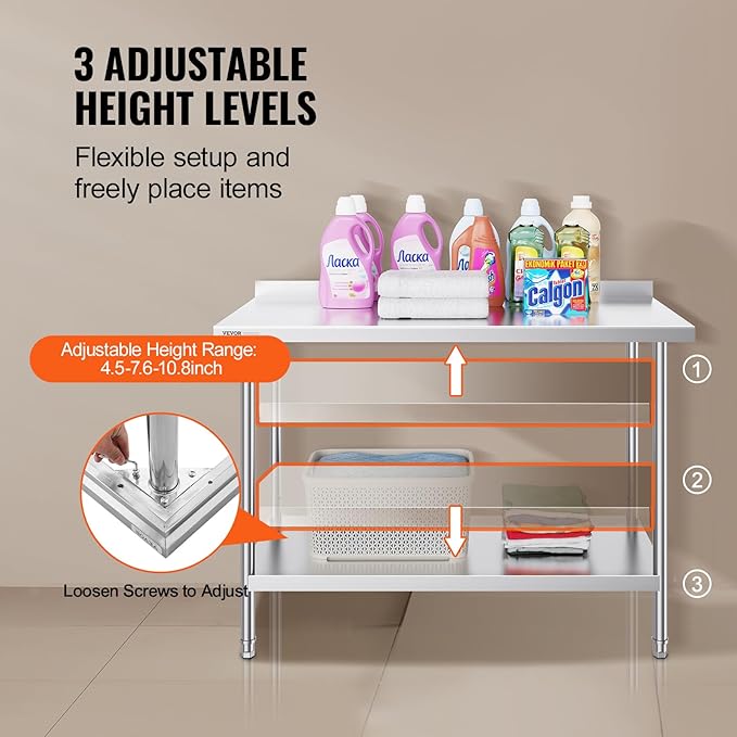VEVOR 24 x 48 x 36 Inch Stainless Steel Work Table, Commercial Food Prep Worktable Heavy Duty Prep Worktable, Metal Work Table with Adjustable Height for Restaurant, Home and Hotel