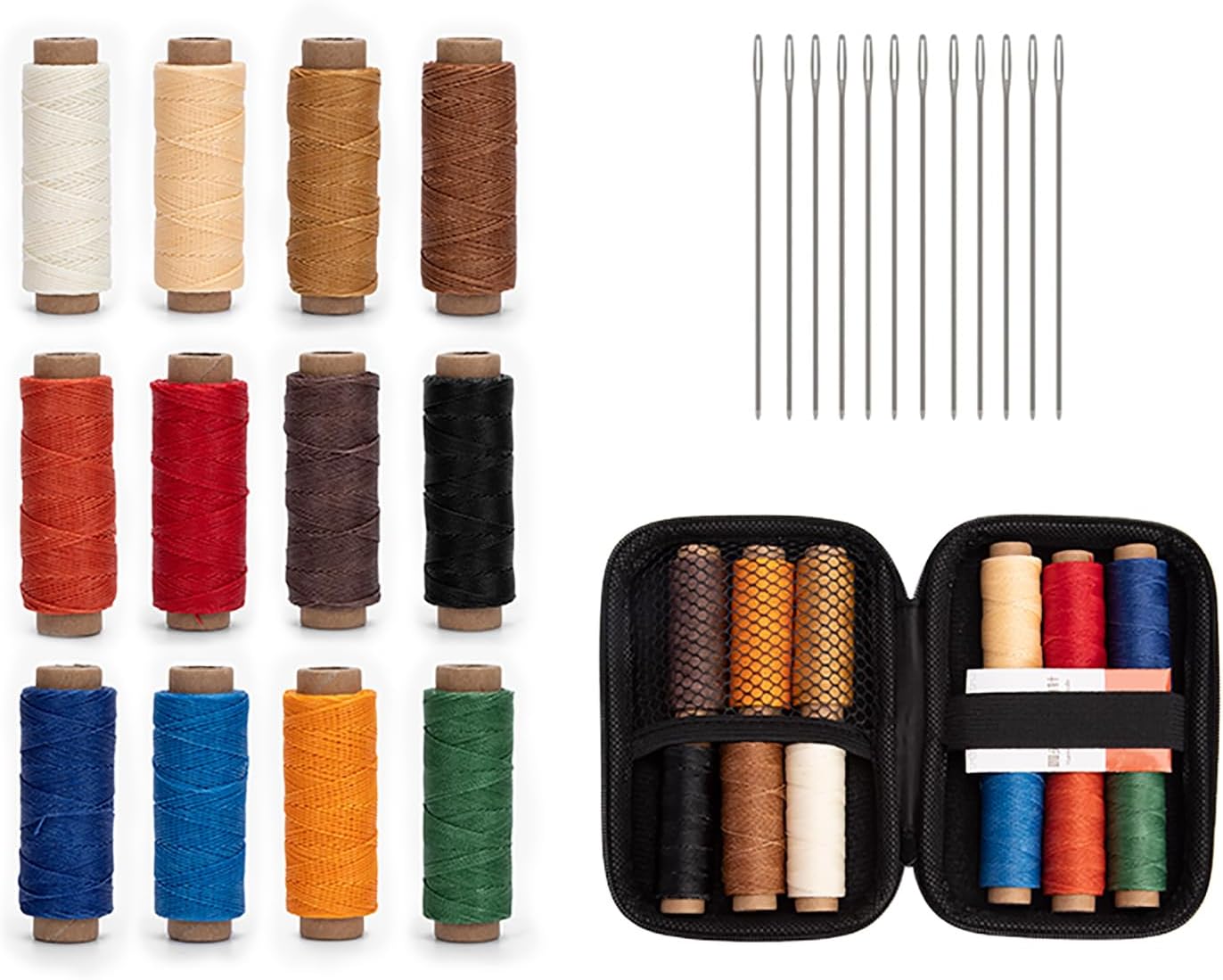WUTA Leather Waxed Thread Round Polyester Sewing Threads with 12 Pcs Needles and Storage Bag Leather Craft Hand Stitching Line DIY Bracelet Thread Repair Work Cord (0.45mm