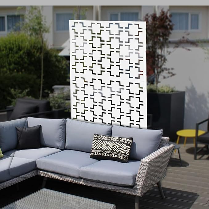 75" H×35" W Decorative Outdoor Privacy Screen with Stand, Outdoor Decor Privacy Fence Screen Metal Fence Panels, Free Standing Metal Divider for Patio Lawn Deck (White-Square)