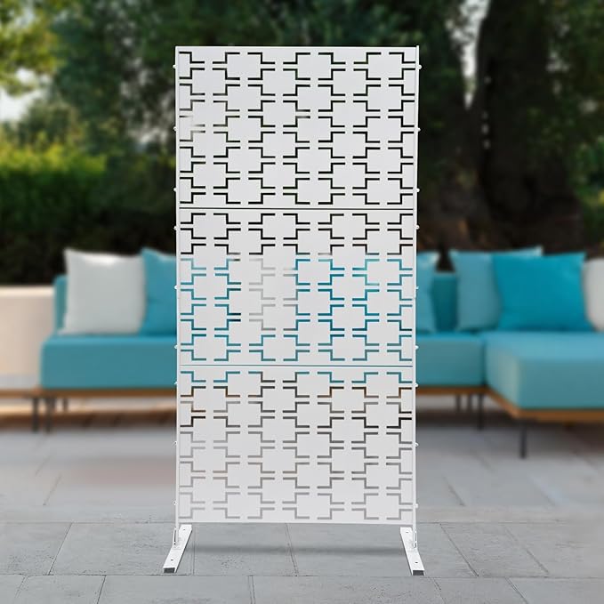 75" H×35" W Decorative Outdoor Privacy Screen with Stand, Outdoor Decor Privacy Fence Screen Metal Fence Panels, Free Standing Metal Divider for Patio Lawn Deck (White-Rectangular)