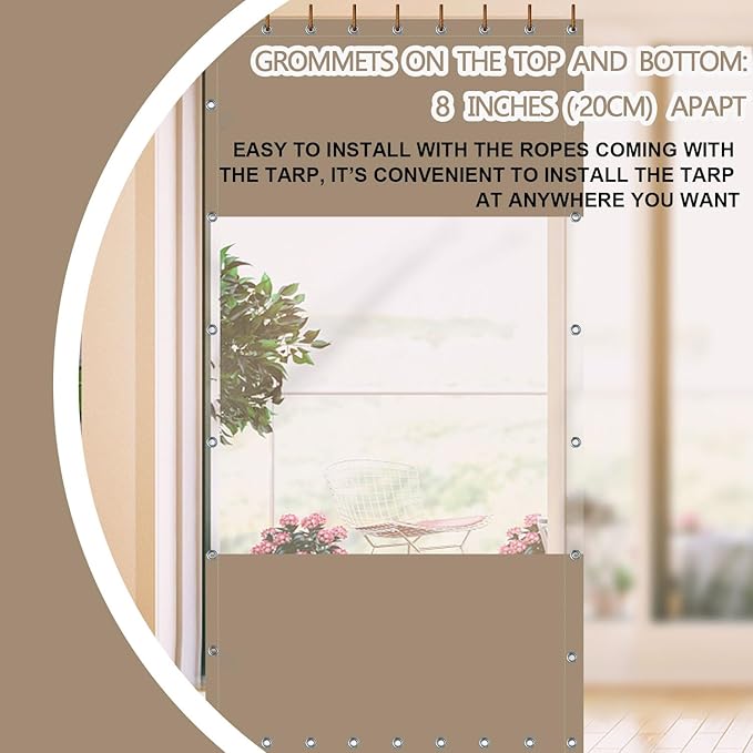 20 Oz Outdoor Vinyl Curtain, Outdoor Clear Panel Curtain, Weather Resistant Outdoor Curtain for Pergola, Porch, Gazebos, with Rustproof Grommets (8'H x 8'W, Beige)