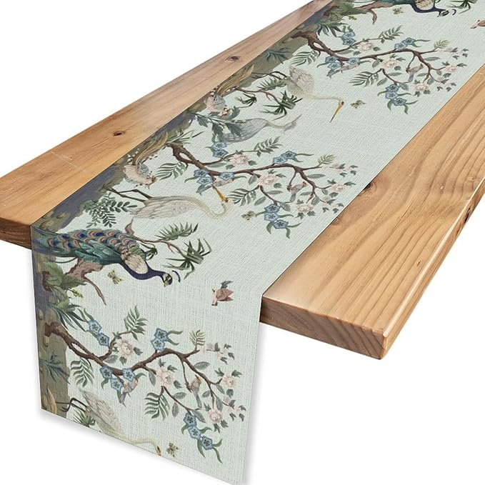 Blue Peacock Table Runner,Rustic Light Blue Crane Floral Branch Table Center Decor for Home Dining Kitchen Patio Holiday Party Indoor Table Decorations, 13"x108"