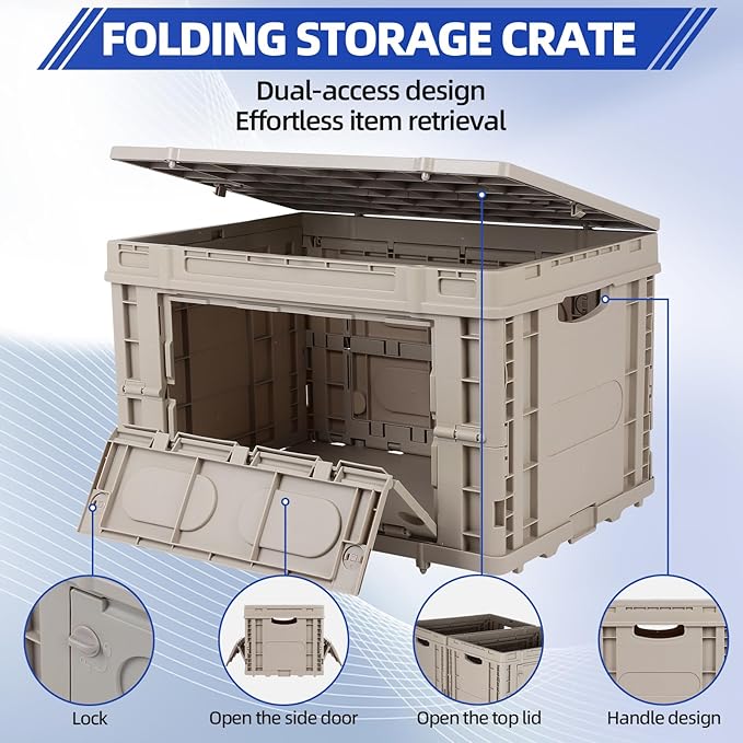 FAHKNS Collapsible Storage Bins with Lids,Stackable Utility Crates with Handles,Foldable Camping Box with 2 Side Doors,Folding Containers for Camping,Picnic,Tools,Indoor/Outdoor.