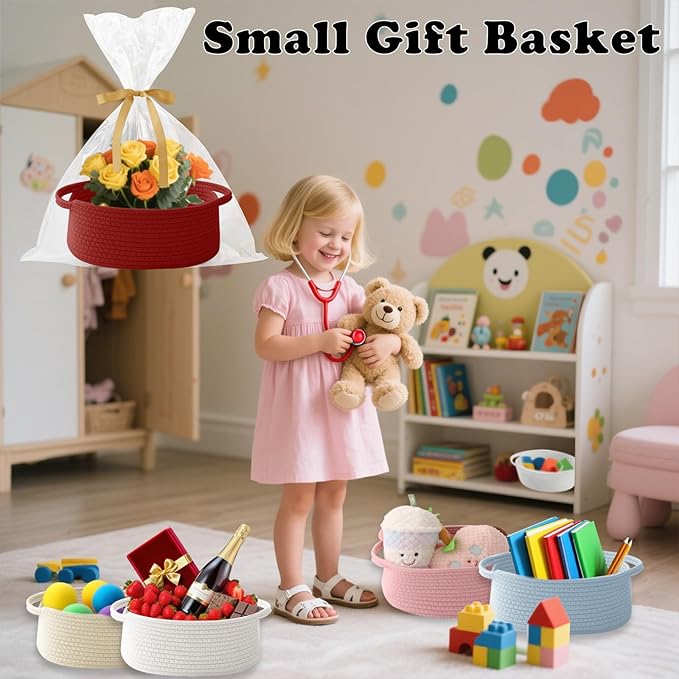 Gift Basket with Gift Bag and Ribbons,Small Rope Woven Shelf Storage,Baskets for Gifts Empty,Birthday,Baby Shower,Decorative Organizer Box with Handles(Red)