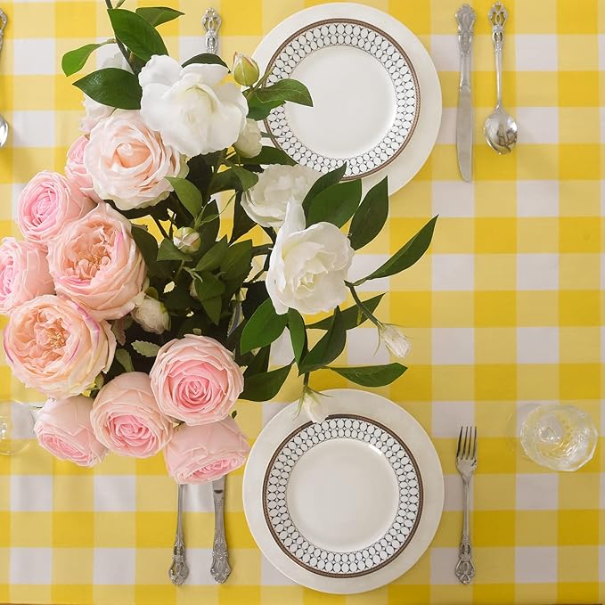 2 Pack Waterproof Polyester Fabic Rectangle Checkered Tablecloth，60x84 Outdoor Table Cloth，Oil Stain Prevention Table Cloth for Pinics and Parties（Yellow and White）