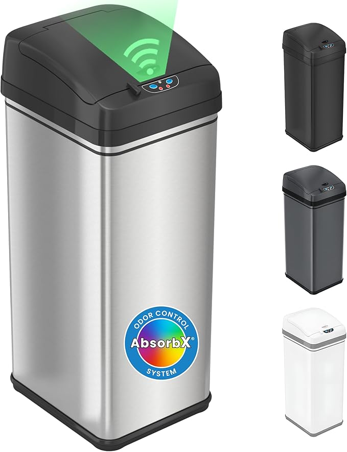 iTouchless 50 Liter / 13 Gallon Kitchen Trash Can with Lid & Odor Filter – Motion Sensor Stainless Steel Garbage Bin for Home, Office, or Garage – Slim, Large Capacity Design
