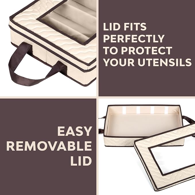 Flatware Storage Case - Durable 5 Compartment Silverware Storage Container Box with Removable Lid and Easy to Carry Handles - Large Capacity Keeps Your Cutlery Organized & Protected - Beige