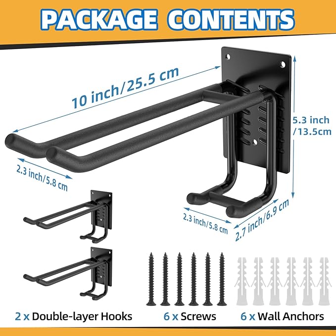 2 Pack Garage Hooks Heavy Duty 10 INCH Double-Layer Steel Shed Wall Mount Workshop Garage Storage Organizer Hooks for Hanging Garden Tool, Hose, Ladder, Chairs, Bikes with Anti-Slip Coating