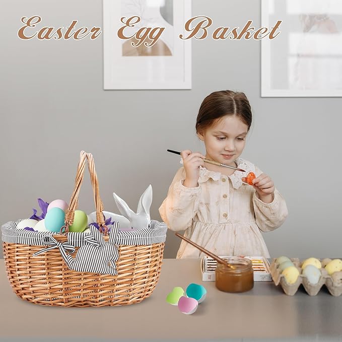 G GOOD GAIN Oval Picnic Basket with Folding Handles, Willow Hand Woven Shopping Basket, Bath Storage Gift Packing Basket, Wicker Empty Easter Eggs and Candy Small Gift Basket. Grey