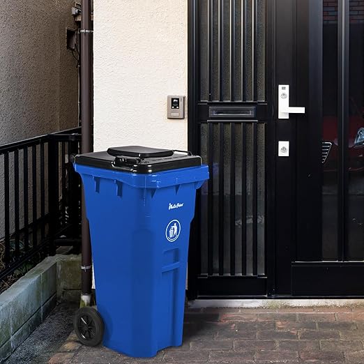 32 Gallon Trash Can Outdoor Recycling Bin with Lid and Wheels Heavy Duty Rolling Garbage Can with Lid Blue Recycle Trash Can with Wheels for Warehouse Hospital Restaurant Office