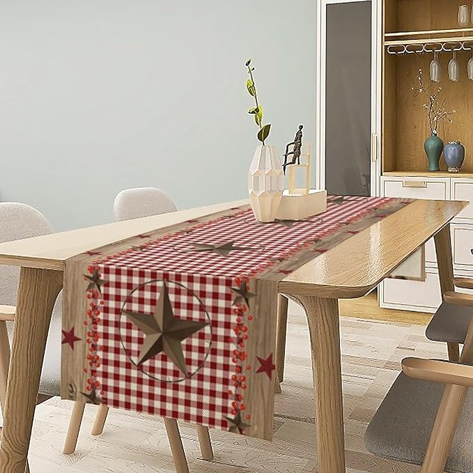 Farmhouse Western Table Runner,Rustic Country Barn Red White Buffalo Plaid Texas Star Berries Print Table Decoration for Kitchen Dining Table Wedding Home Party 13x60in