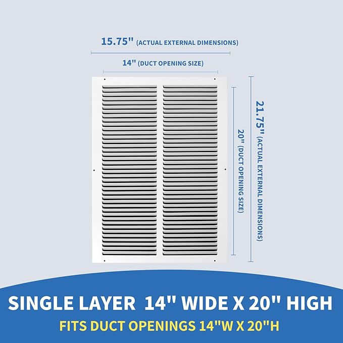 14x20 Return Air Grille(Duct Opening Size),Air Return Vent Cover,Flat Return Air Grilles,Cold Air Return Vent Cover,14x20 Air Return Grille,Outer Dimensions:15.75"Wx21.75"H(14"W x 20"H, Duct Opening)