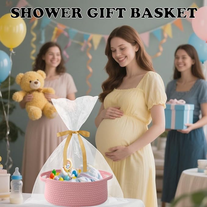 Gift Basket with Gift Bag and Ribbons,Small Rope Woven Shelf Storage,Baskets for Gifts Empty,Birthday,Baby Shower,Decorative Organizer Box with Handles(Pink)