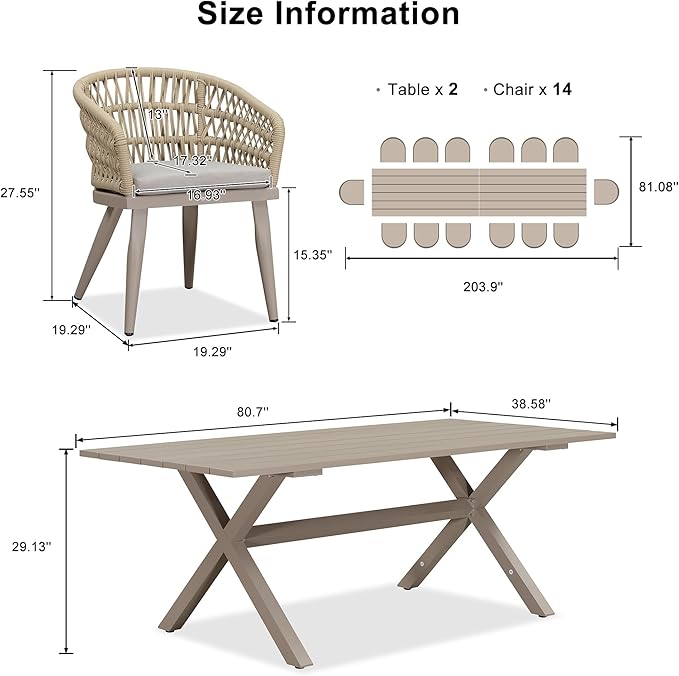 PURPLE LEAF 16 Pieces Outdoor Dining Set All-Weather PE Rattan Outdoor Patio Furniture Set with All Aluminum Frame Rectangular Table and Chairs Set for Lawn Garden Backyard Deck, Champagne