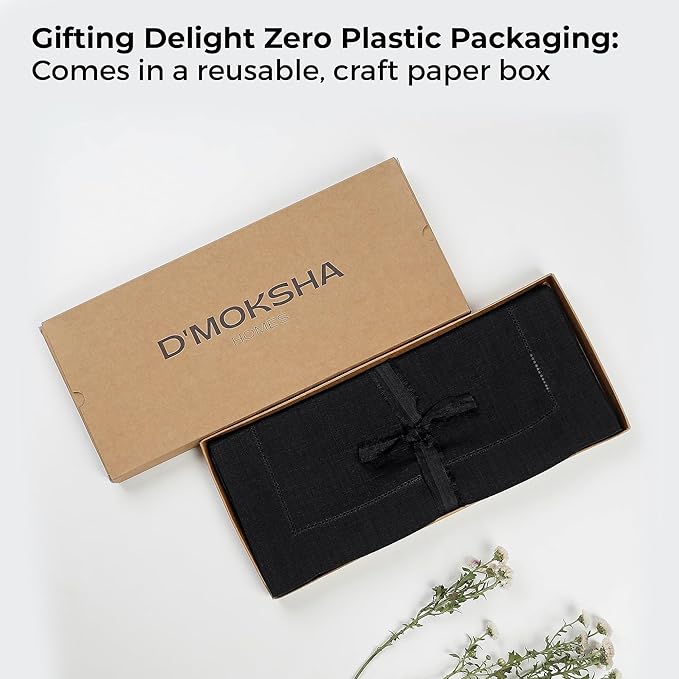D'Moksha Homes Linen Black Table Runner 72 Inches Long - 100% Pure Linen Hemstitch Table Runner 14 x 72 Inch for Dresser, Dining, Spring, Easter - Classic Hemstitch