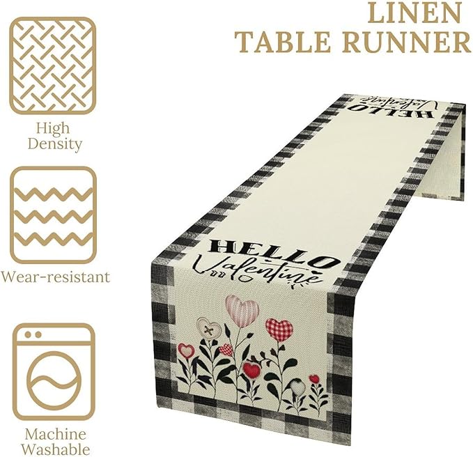 Valentines Day Table Runner,Vintage Rustic Black White Red Heart Buffalo Plaid Table Center Decor for Family Kitchen Living Room Outdoor Farmhouse Party Table Decorations, 13"x36"