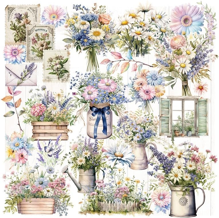 Vintage Vellum Stickers Floral Plants Elements Scrapbooking Supplies Flowers Botanic Natural Translucent Paper Self-Adhesive Junk-Journal Items (Spring Bouquet)