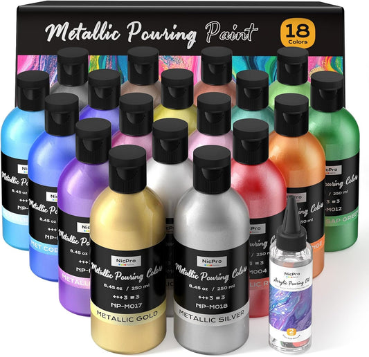 Nicpro 18 Colors 8.45oz Metallic Acrylic Pour Paint Supplies Kit, Large Volume Ready to Pour Premixed High Flow Pouring Paint Set with Silicone Pouring Oil, Gloves, Instructions for Beginner DIY