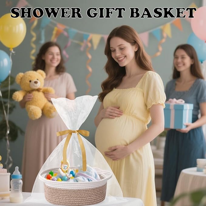 Gift Basket with Gift Bag and Ribbons,Small Rope Woven Shelf Storage,Baskets for Gifts Empty,Birthday,Baby Shower,Decorative Organizer Box with Handles(White&Mixed Brown)