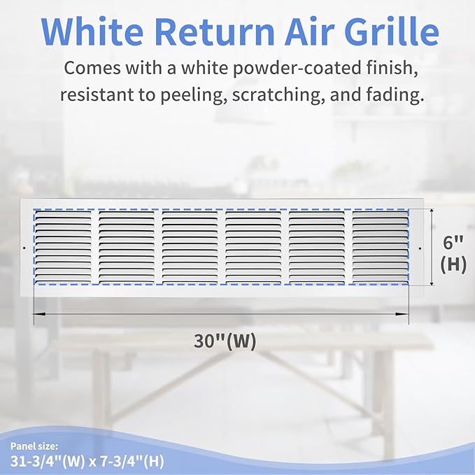 30"W x 6"H [Duct Opening Size] Steel Return Air Grille, Air Return Vent Cover for Ceiling and Sidewall - HVAC Air Vent Covers - [Outer Dimensions: 31.75"W x 7.75"H]