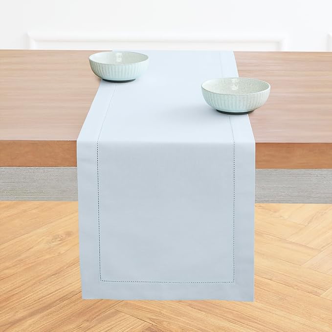 Solino Home Table Runner 108 Inches Long - Cotton Linen Hemstitch Light Blue Table Runner 14 x 108 Inch for Spring, Easter