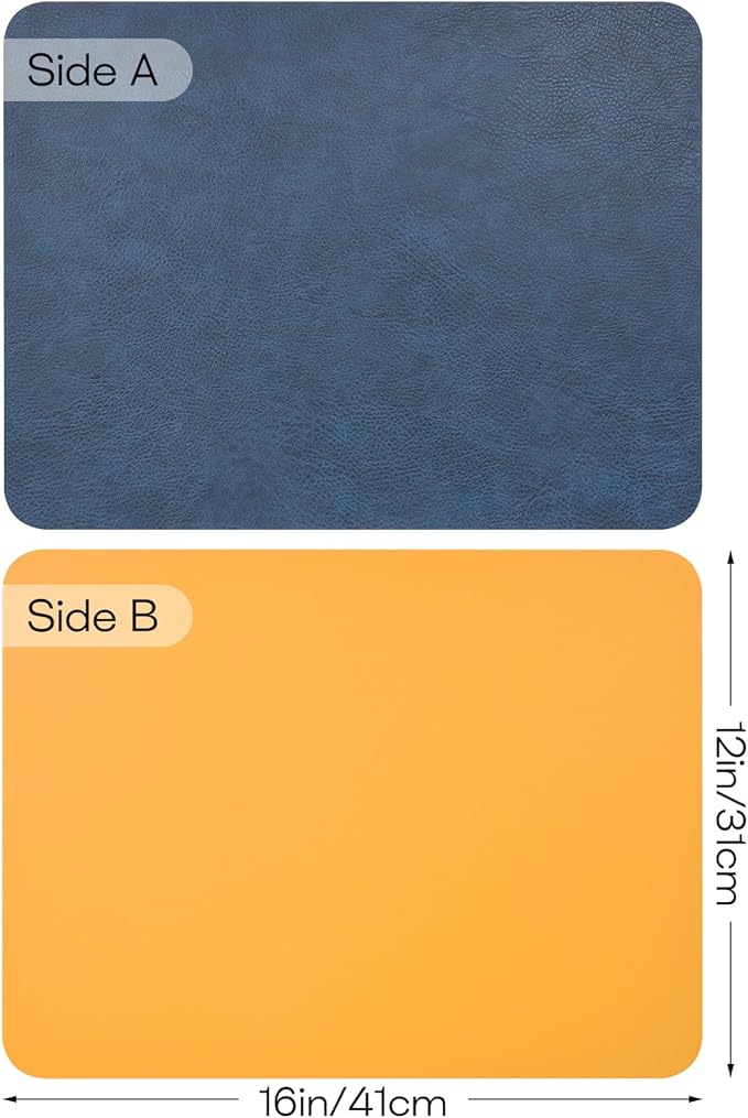 Faux Leather Placemats Set of 6 Table Mats Heat Resistant Reversible Place Mats, Waterproof Wipeable Dining Table Placemats for Home Party Outdoor, 15.8 x 11.8 inches (Blue/Yellow)