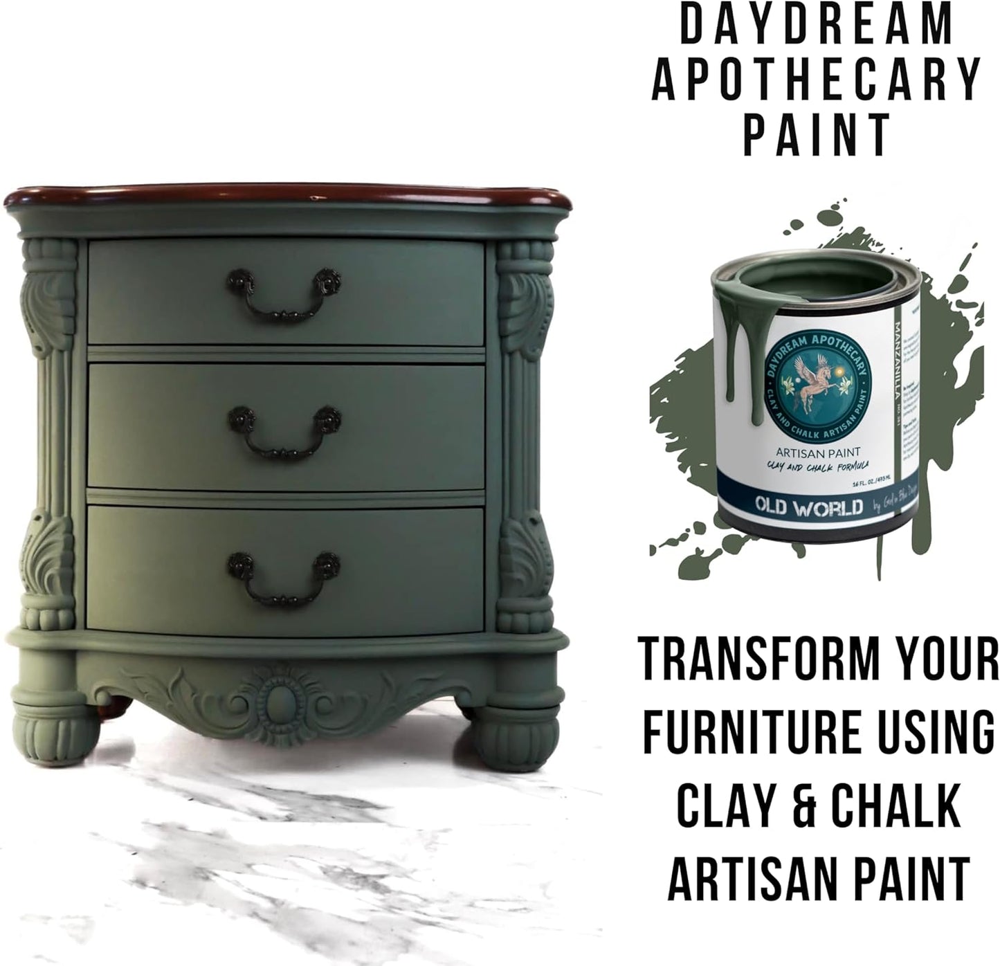 Daydream Apothecary Premium Chalk Style Paint for Furniture, Home Décor, Wood, DIY Interior Projects, Quick Dry, No Prep or Prime Needed, Matte Olive Green - 16oz