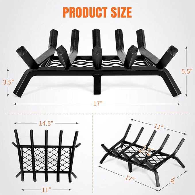 Fireplace Grates with Ember Retainer - 17 Inch Fireplace Log Grate, Firewood Wood Log Holder Rack, Inside Wrought Cast Iron Fire Grate for Hearth Indoor Outdoor Camping