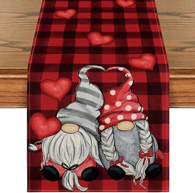 Artoid Mode Red Black Buffalo Plaid Heart Gnomes Love Valentine's Table Runner, Kitchen Dining Table Decoration for Home Party Decor 13x72 Inch