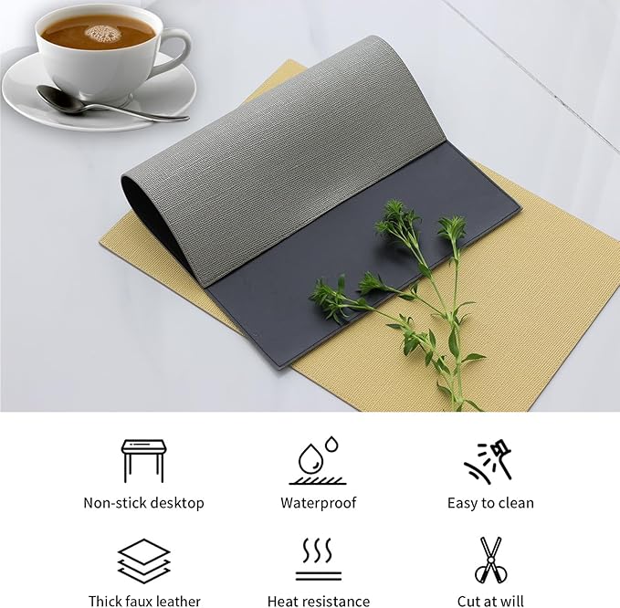 Faux Leather Waterproof Placemats Set of 4, Heat Resistant Reversible PU Place Mats, Dining Table Mats for Indoor Outdoor (Round Table, Grey)