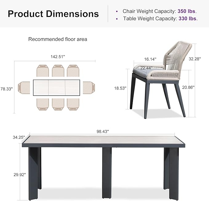 PURPLE LEAF 9 Pieces Patio Dining Set Aluminum Rectangular Table and Wicker Chairs with Cushions for Kitchen Porch Garden Modern Outdoor Furniture Sets, Beige and Dark Grey
