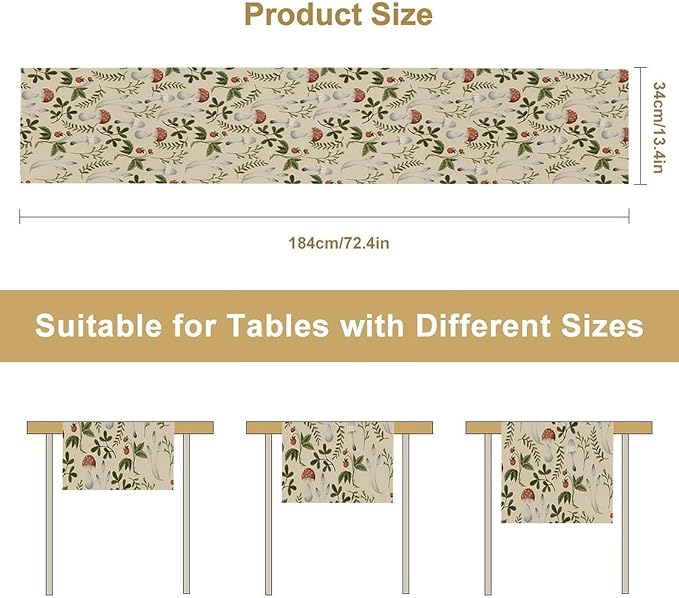 Mushroom Table Runner,Vintage Rustic Boho Botanical Plant Print Tablerunner for Home Kitchen Dining Coffee Table Indoor Outdoor Party Decor 13x120in