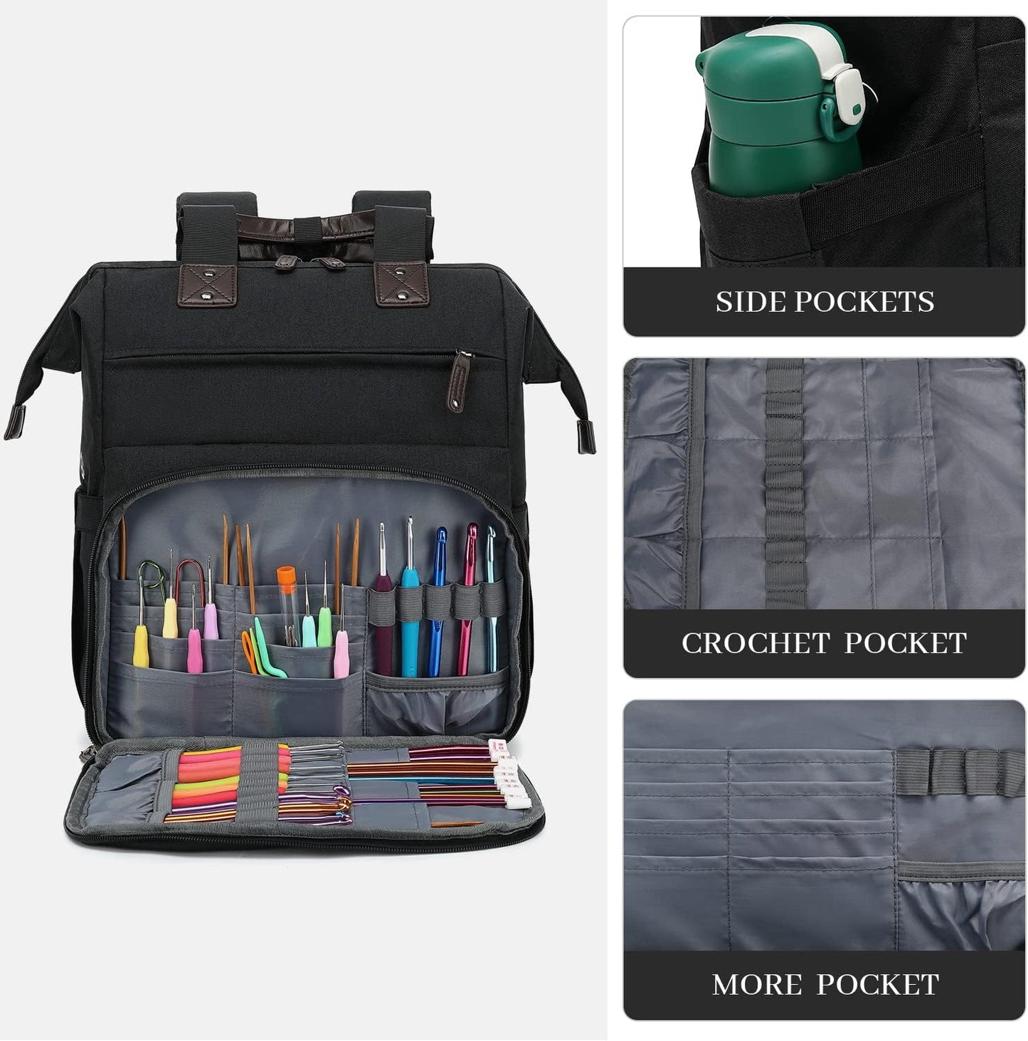 Crochet Backpack,Knitting Bag Backpack Yarn Storage Organizer Travel Crochet Bag with USB Charging Port,Yarn Tote Bag Yarn Holder Case for Knitting Needles, Crochet Hooks,Crochet Accessories,Black