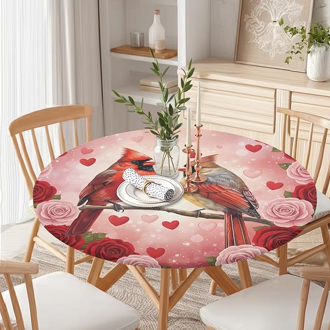 Valentines Day Round Fitted Tablecloth with Elastic Cardinal Bird Heart Circle Table Cloth for 44-48" Tables Wipeable Waterproof Washable Valentine Red Birds Table Cover for Picnic Dining Party Decor