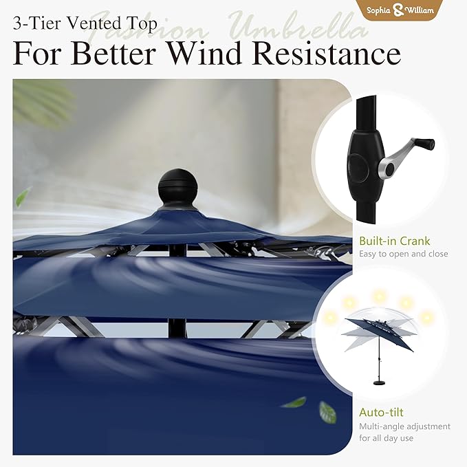 Sophia & William Metal Outdoor Patio Dining Set 6 PCS with 10ft 3 Tier Auto-tilt Umbrella(Navy Blue), 4 x Metal Outdoor Chairs, 1 x Square 37"x 37" Dining Table and 1 Patio Umbrella