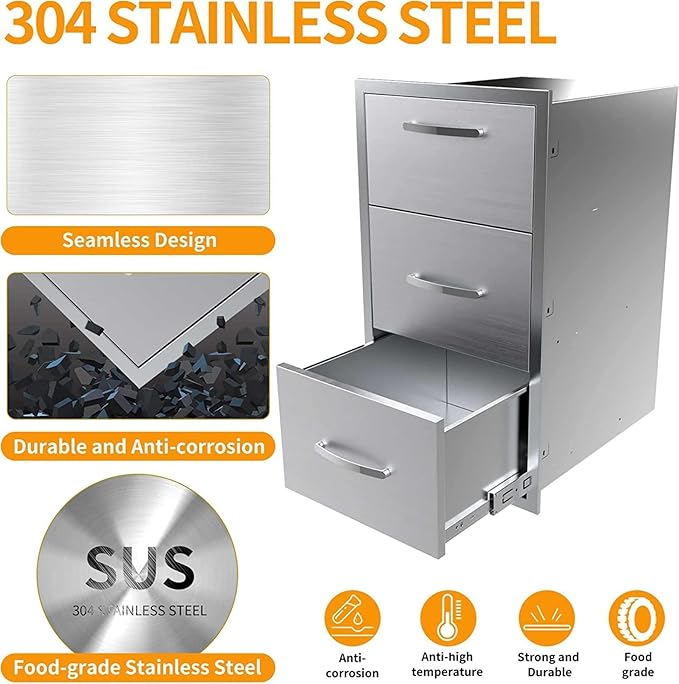 Outdoor Kitchen Drawers, Box Frame Style Flush Mount BBQ Drawer w/Stainless Steel Handle, BBQ Island Drawers For Patio Grill Station,Three Drawers