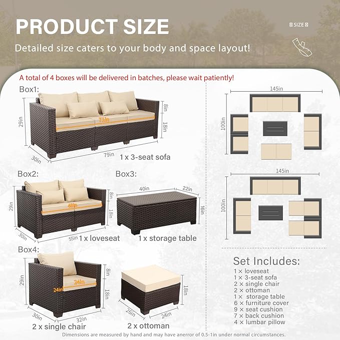 7 PCS Patio Furniture Set Outdoor Patio Furniture with Storage Table Outdoor Couch Patio Chairs Outdoor Conversation Set with Non-Slip Cushions Waterproof Covers, Khaki