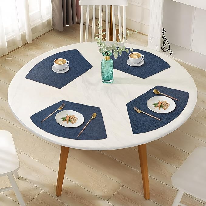 Round Table Placemats Set of 6, Faux Leather Wedge Shape Place Mats Heat Resistant Wipeable Washable Table Mats for Dining Outdoor Indoor, Dark Blue
