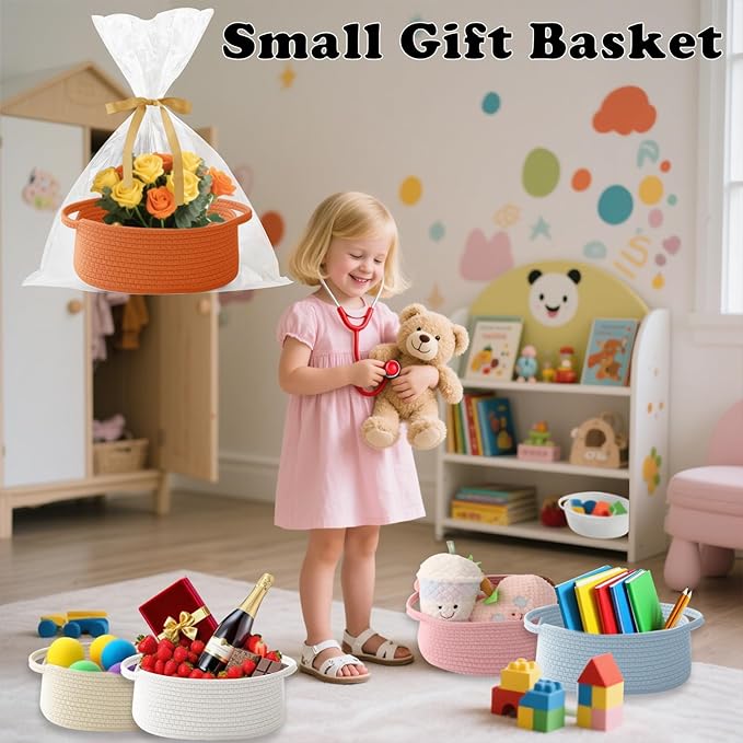 Gift Basket with Gift Bag and Ribbons,Small Rope Woven Shelf Storage,Baskets for Gifts Empty,Birthday,Baby Shower,Decorative Organizer Box with Handles(Orange)