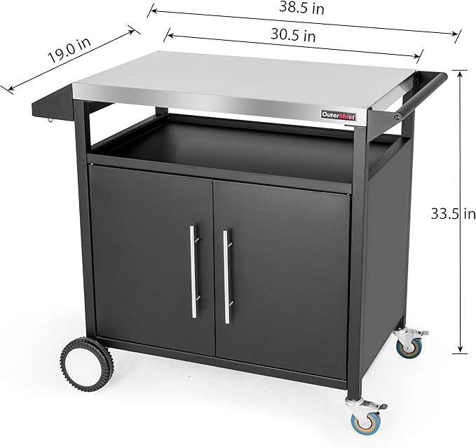 Grill Table Outdoor Kitchen Cabinet, Moveable Outdoor Prep Table & Bar for Storage, Grilling and Pizza Oven, Multifunctional Silver & Black