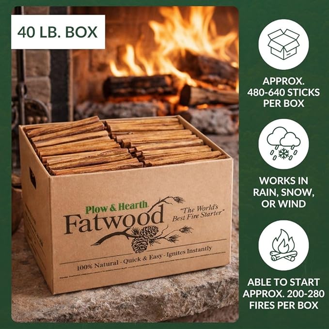 Plow & Hearth 40 LB Fatwood Fire Starter, Organic Kindling Sticks, Non Toxic All Natural Firestarters for Wood Stoves Fireplaces Campfires Fire Pits, Easy Ignition Fat Wood