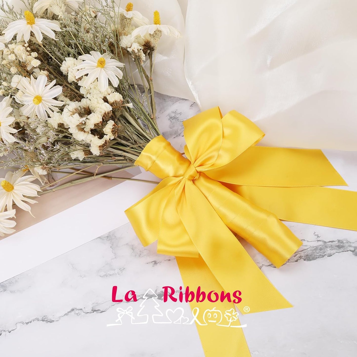 LaRibbons 1 1/2 Inch 50 Yard Double Faced Satin Ribbon,Yellow Gold Satin Craft Fabric Ribbon for Gift Wrapping Floral Bouquets Wedding Party Decoration