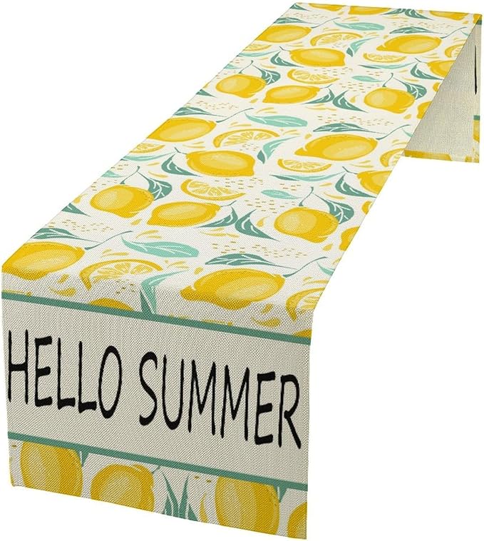 Spring Yellow Lemon Table Runner, Hello Summer Seasonal Exotic Fresh Fruits Plants Branch Leaves Print Table Cover for Farmhouse Kitchen Table Party Decor, 13x90inch