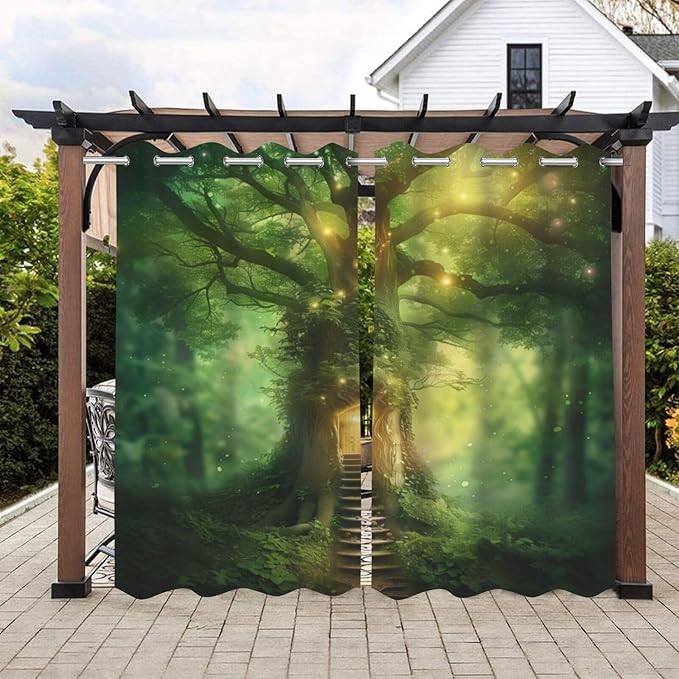 Fantasy Theme Outdoor Curtains for Patio Waterproof,Forest Pattern,Privacy, Grommet Curtains for Patio, Pergola, Porch, Deck, Lanai, and Cabana,Set of 2 Panels,42 x 84 inch,Green