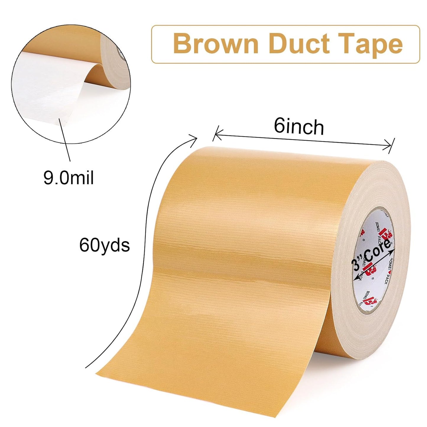 BOMEI PACK 6" Tan Beige Duct Tape 6 Inch,Heavy Duty Light Brown Wide Roll Tape,Strong Strength,Flexible,No Residue,Waterproof and Tear by Hand,Multi-Use Tan Duct Tape for Indoor & Outdoor Repairs