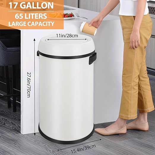 GarveeHome 17 gal/65 L Swing Top Trash Can, Stainless Steel Rubbish Bin, Commercial Grade Waste Container, Round Garbage Can for Outdoor, Home Office, Restaurant, White